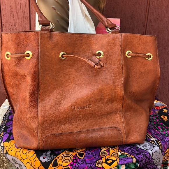 I Santi Tan leather distressed Bag purse tote Camel soft supple shopper books - Picture 3 of 11